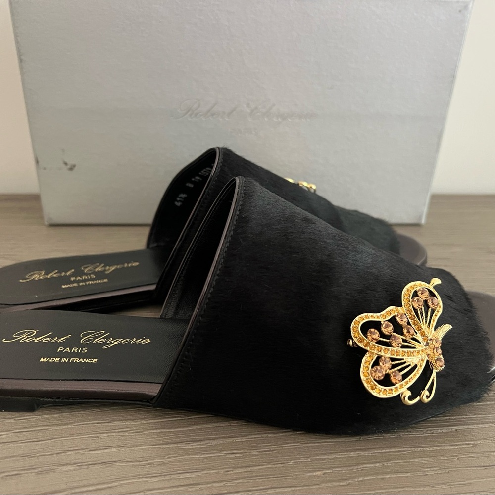 Robert Clergerie Gigyp Black Pony Hide Slides Shoes Flats 41.5